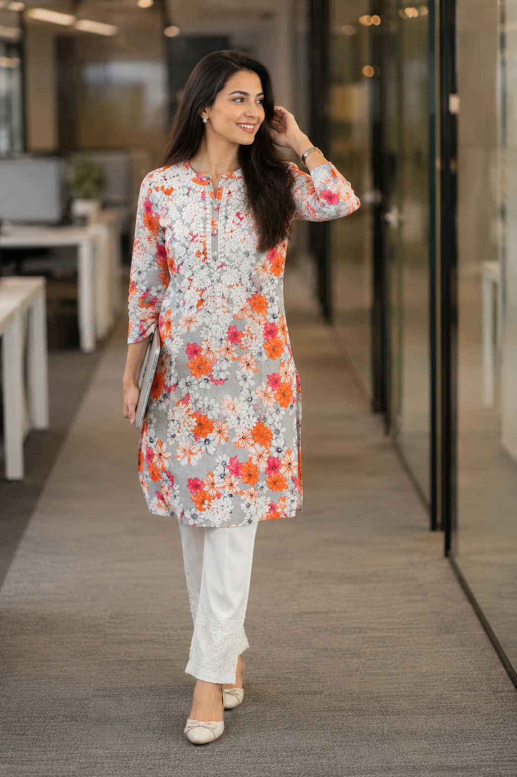 Excusive Orange Lucknowi Chikankari Floral Formal Cordset