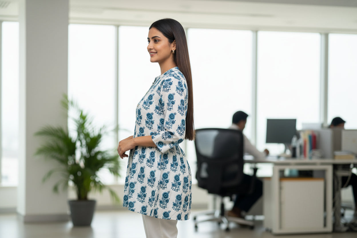 Aadya White and Blue Bell Sleeves Cotton Short Top