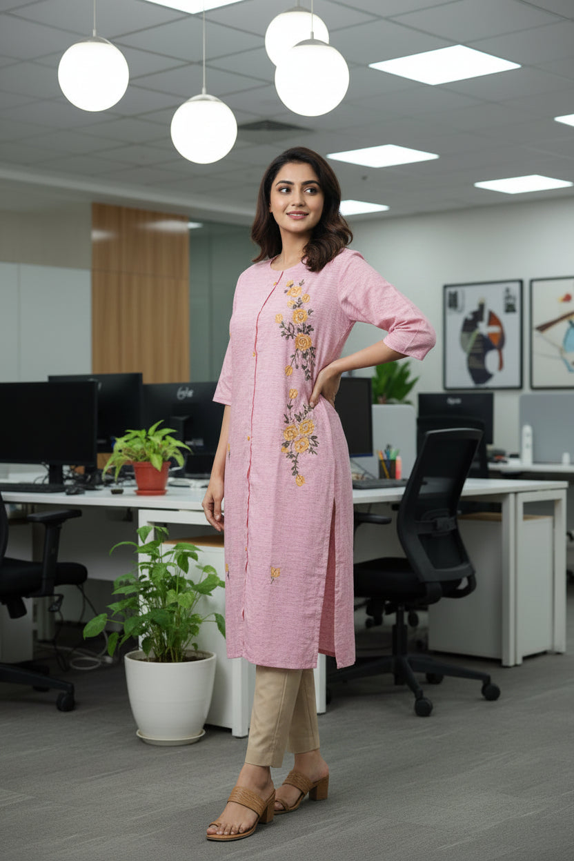 Mul Cotton Embroidered Straight Cut Kurti