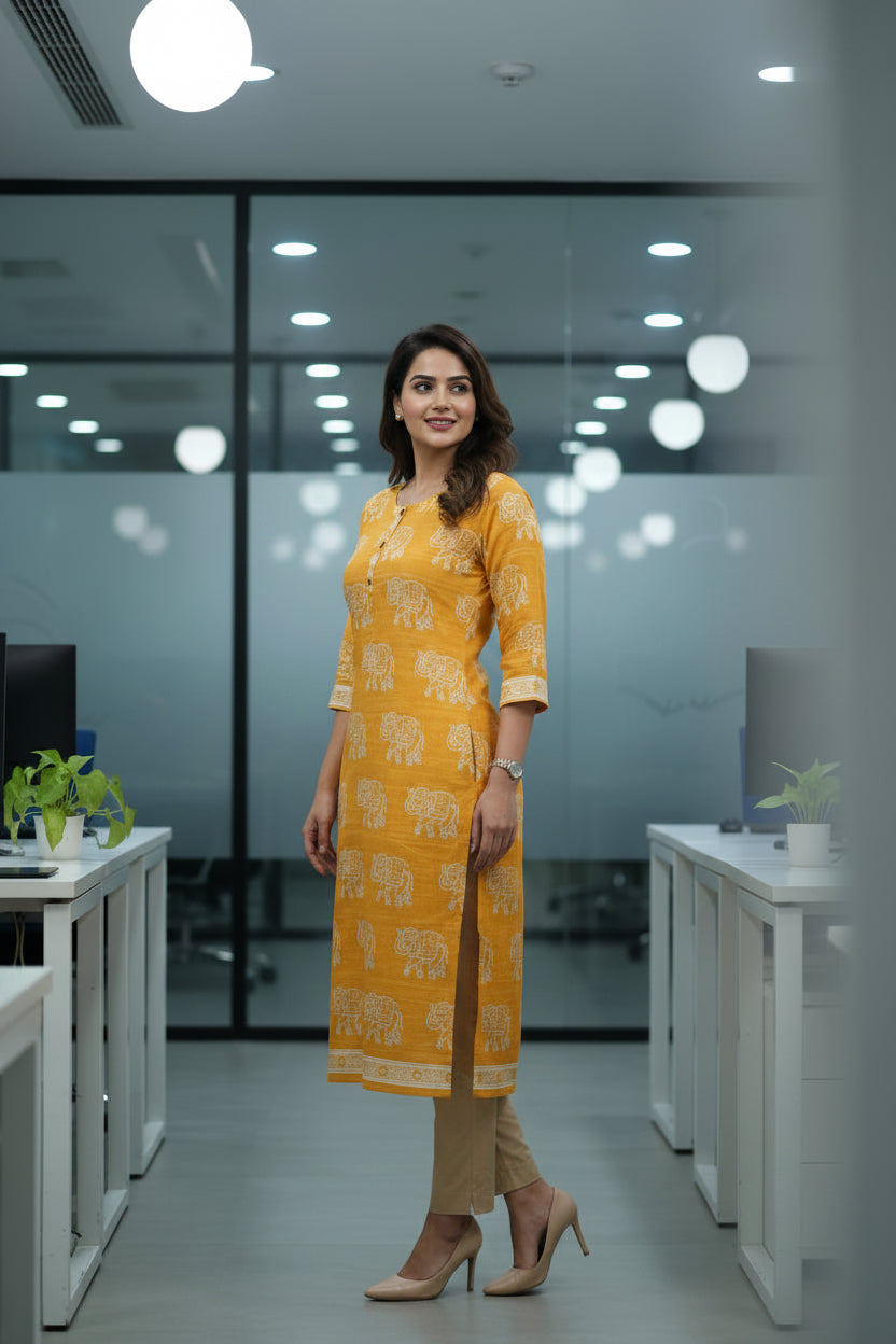 Elephant Design Yellow Straight Cut Kurti