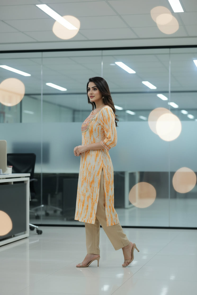 Shibori Yellow Straight Cut Cotton Kurti