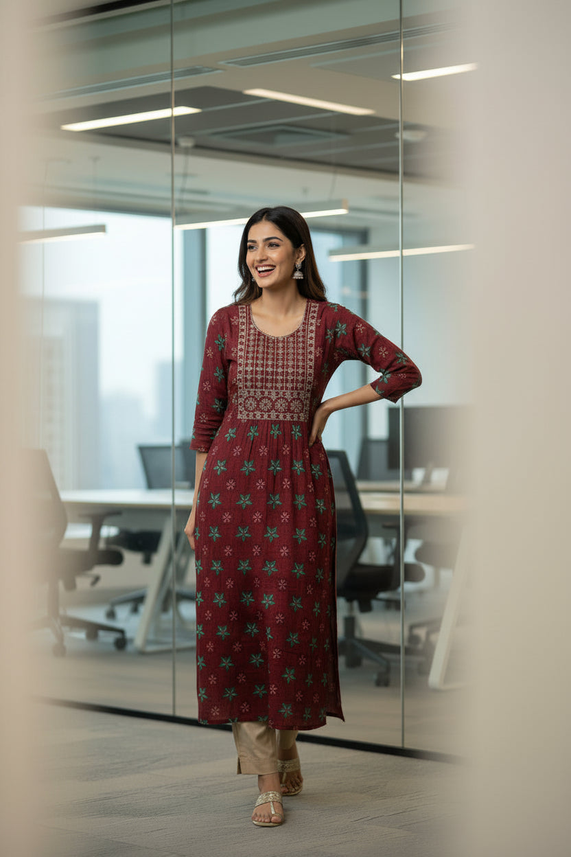 Hand Painted Maroon color A Line Kurti with Thread work and Sequence work