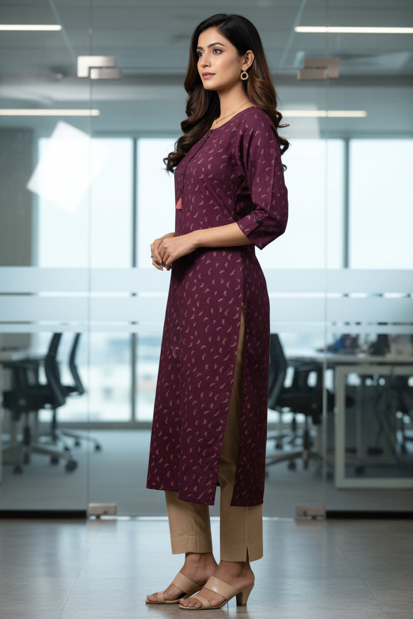 Wine Color Cotton Leafy pattern Straight Kurti