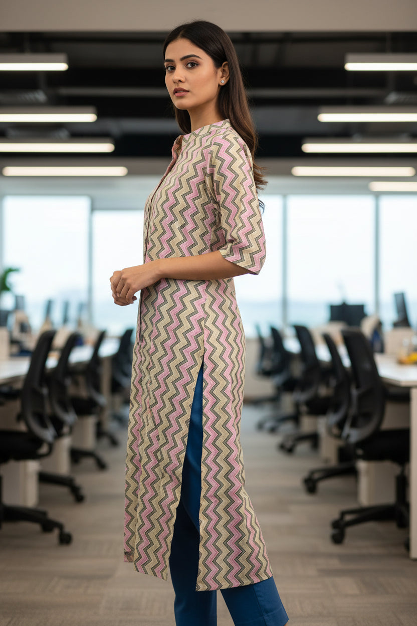 Kantha Stitch Mandarin Collar ZigZag Pattern Cotton Kurti