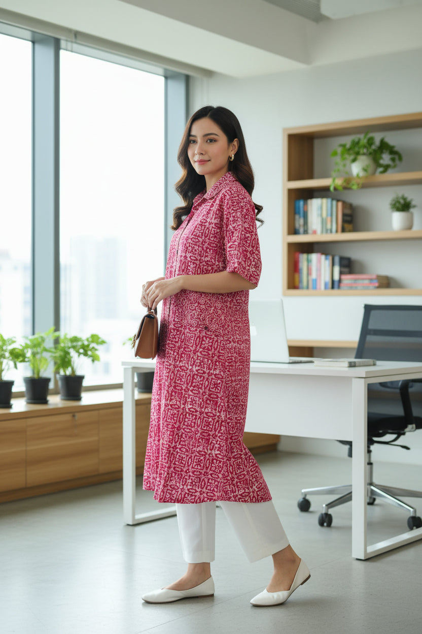 Batik Print Kantha Stitch Pink Collar A line Kurti Perfect for Office Wear