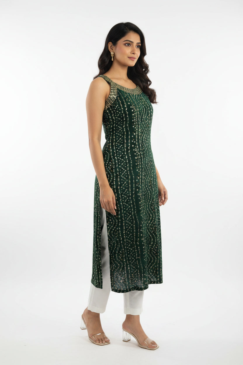 Leheria Green color Sleeveless Kurti with Thread work and Sequence Work