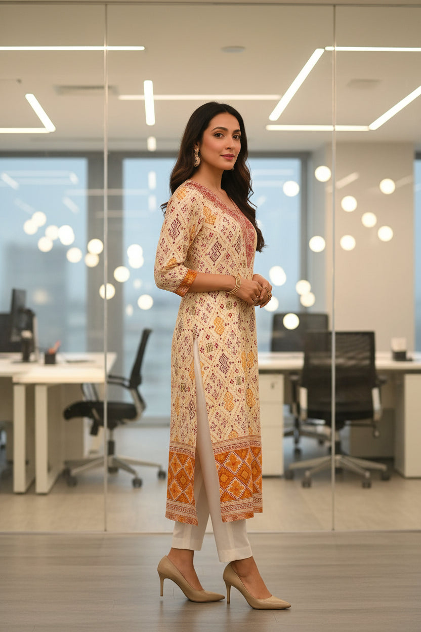 Office Wear Yellow and White Hand Block Soft Cotton Kurti