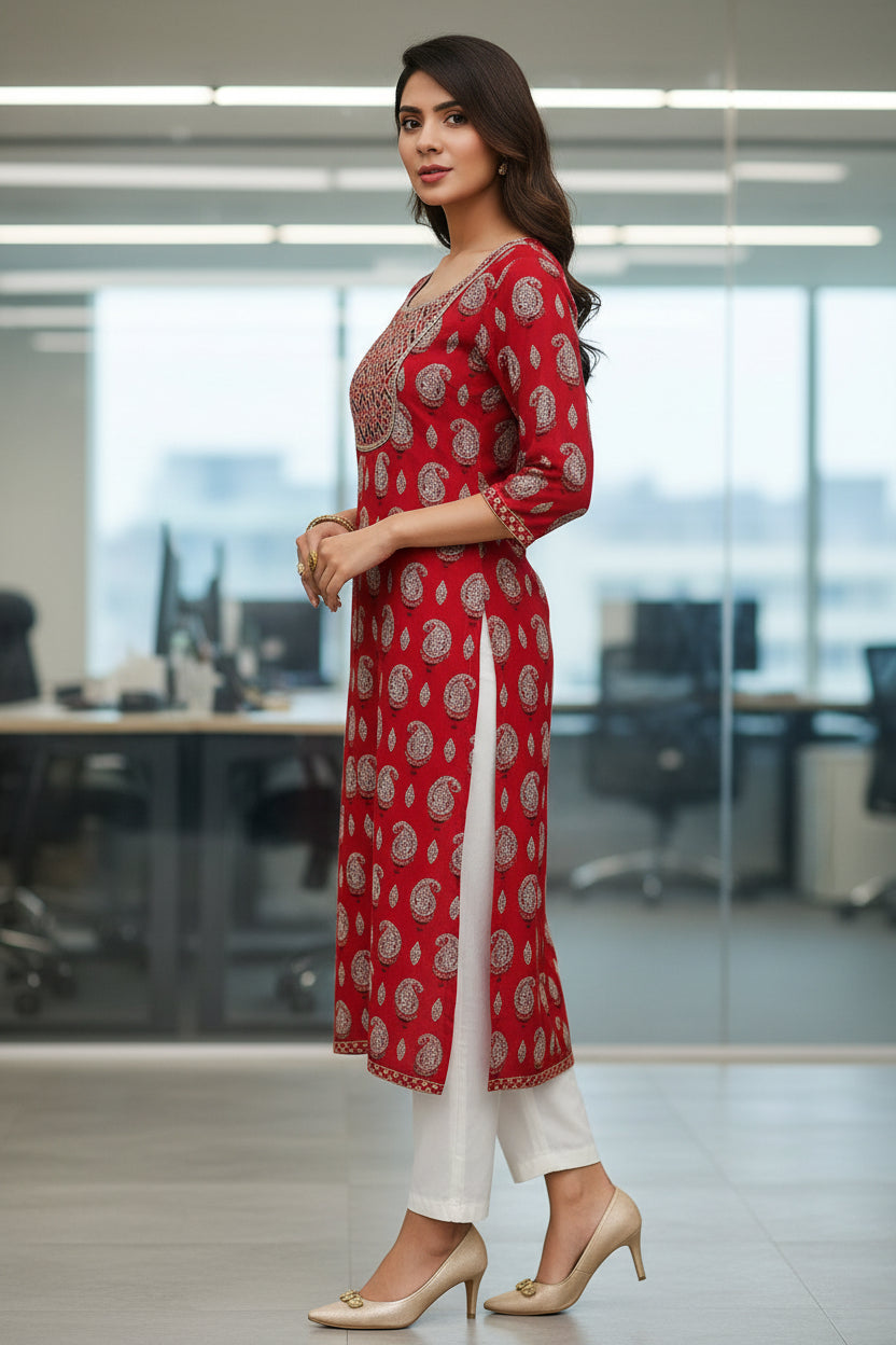 Office Wear Paisley Print Red Color Cotton Kurti