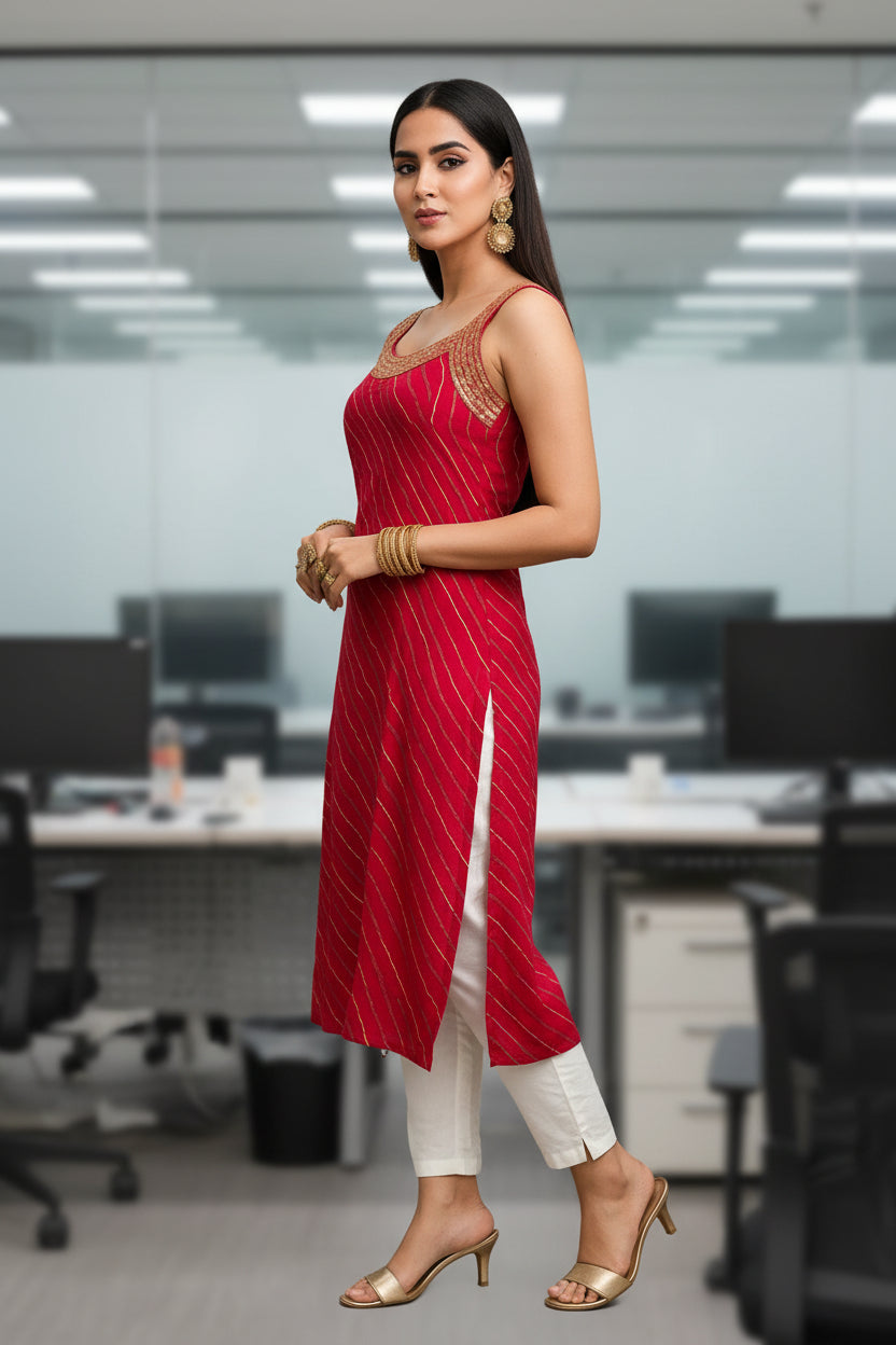 Leheria Pink color Sleeveless Kurti with Thread work and Sequence Work