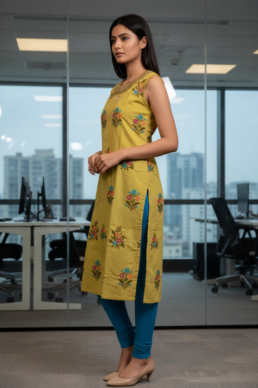 Lemon Yellow Cotton Straight Kurti with threadwork