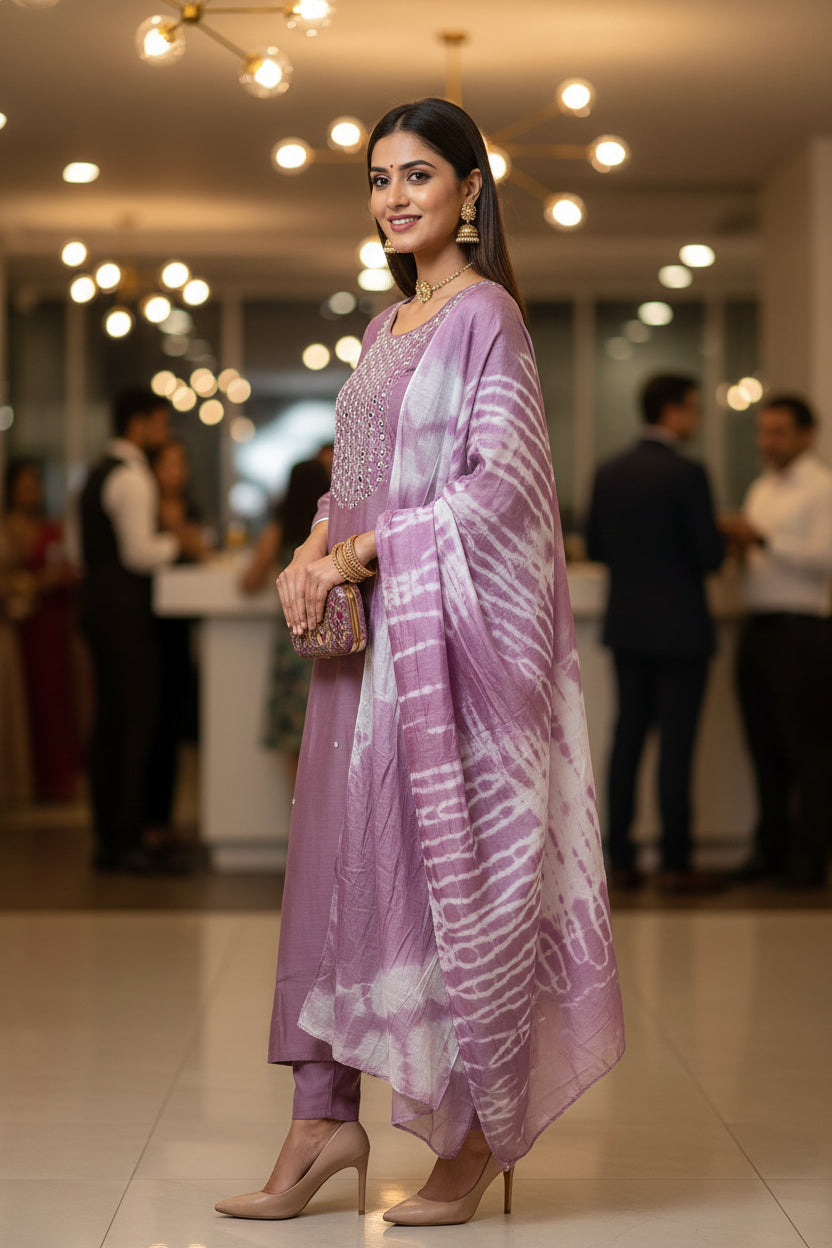 Office Wear Lilac Color Salwar Suit with Pearl work and Cut Dana work