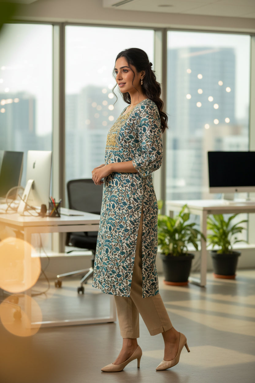 Sanganeri Print Blue Color Cotton Straight Cut Kurti