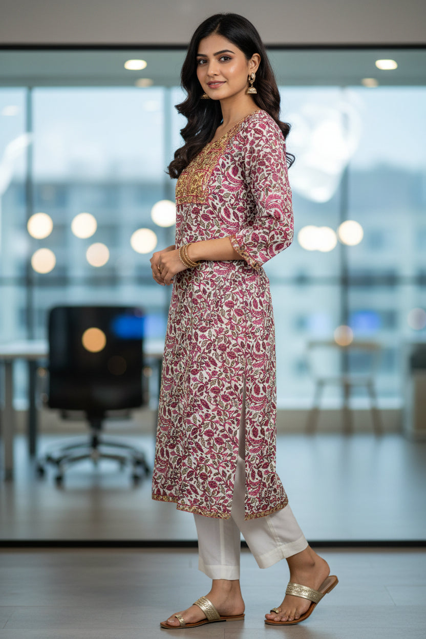 Sanganeri Print Red Color Cotton Straight Cut Kurti