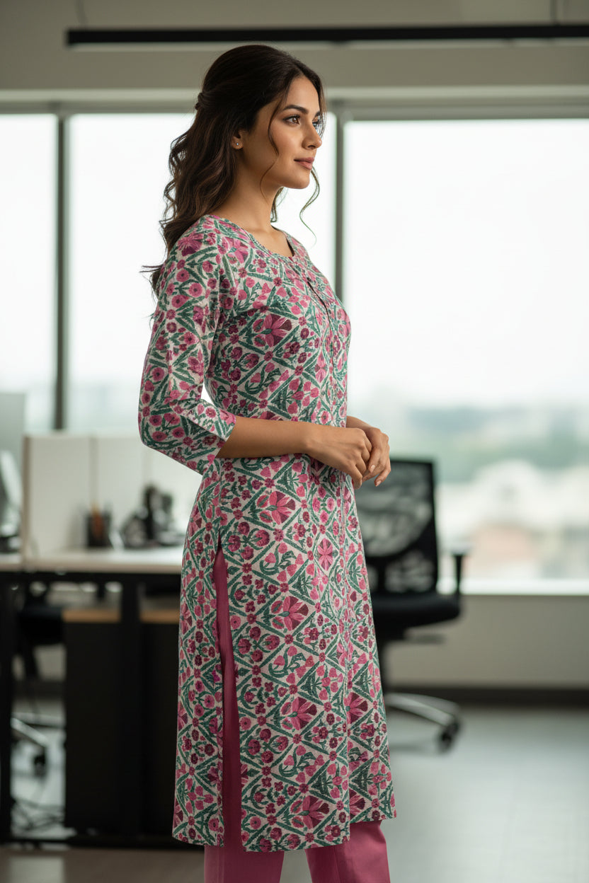 Sanganeri prints White with pink floral Cotton Kurti