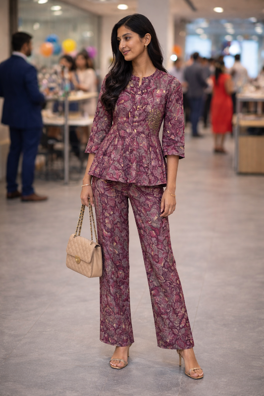 Wine Color Peplum Cordset for Office Party and Casual wear