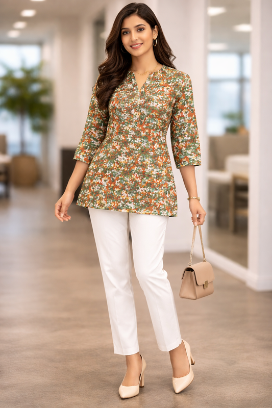 Avni Green and Orange Formal Short Kurti