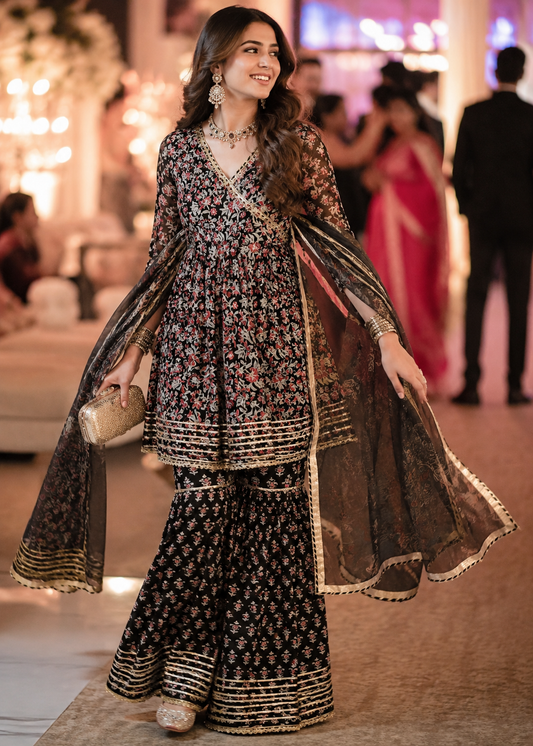 Exclusive Lace Work Black Sharara Set