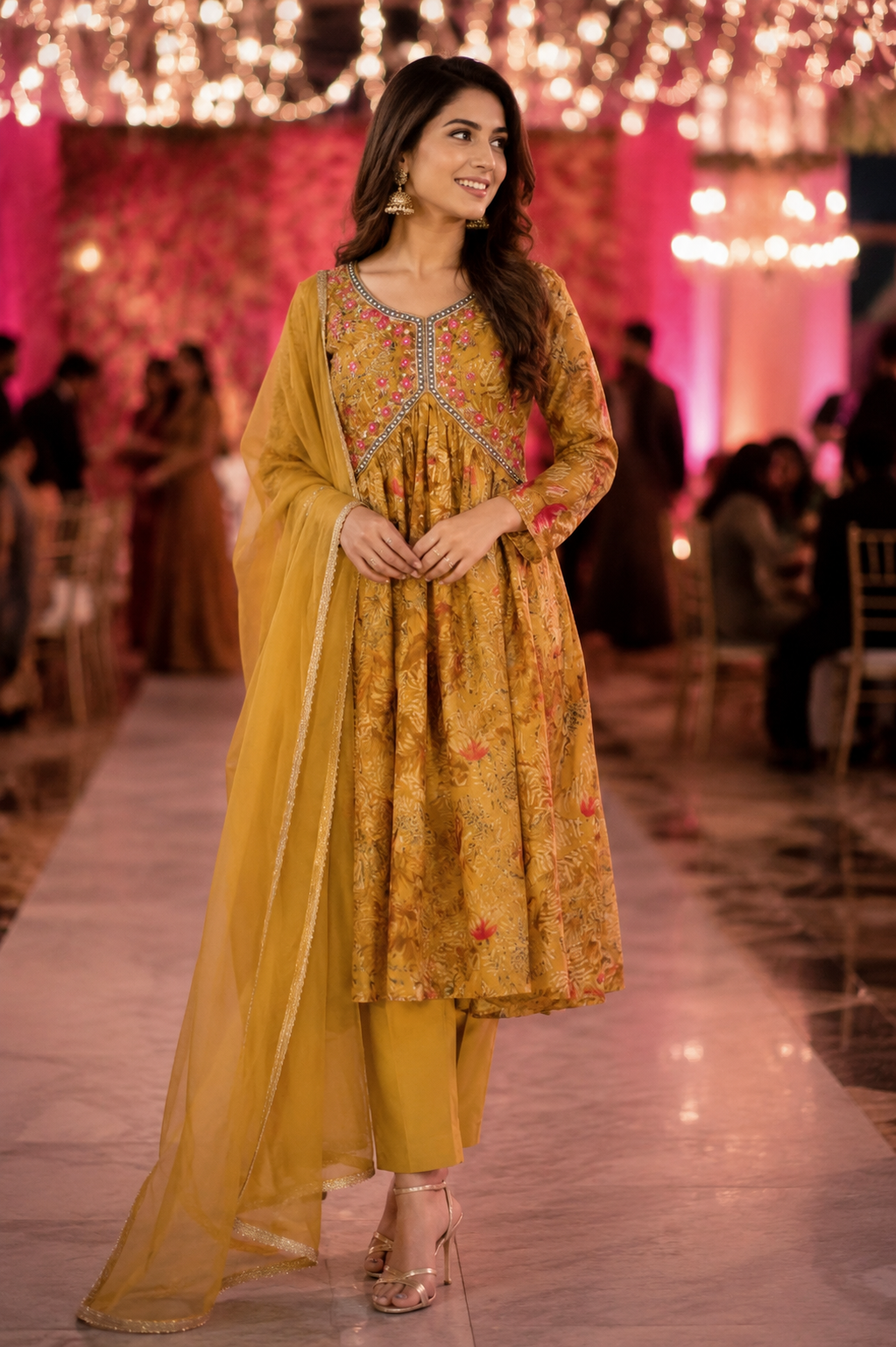 Festive Wear Yellow Salwar Kameez Dupatta in Pure Maslin Fabric