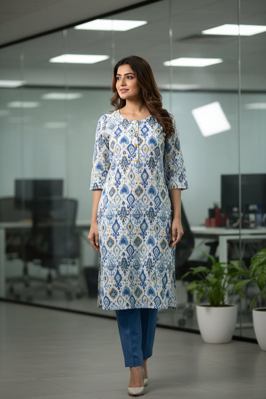 White & Blue Cotton Straight Cut Kurti