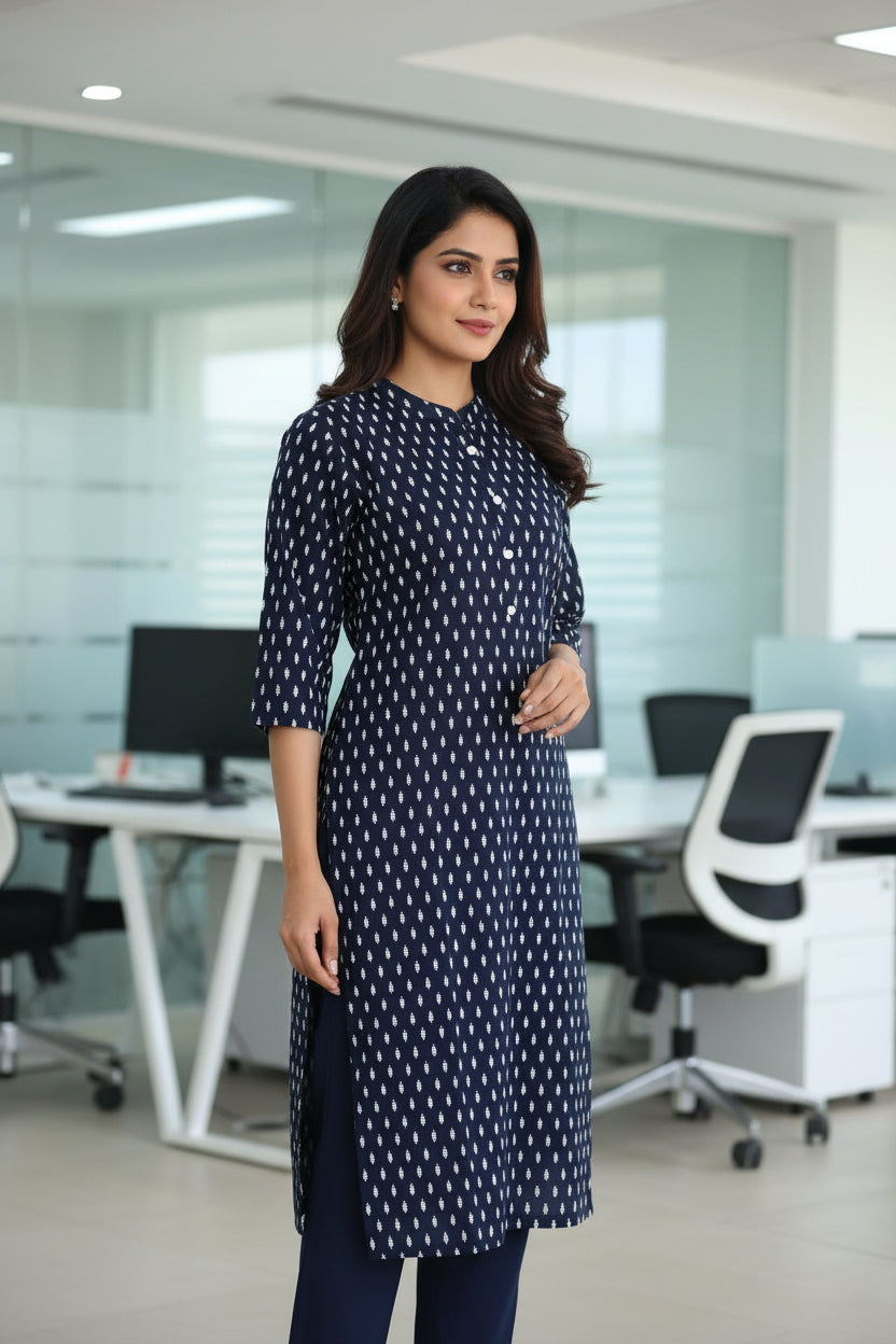 Navy Blue Mandarin Collar Straight Cut Cotton Kurti