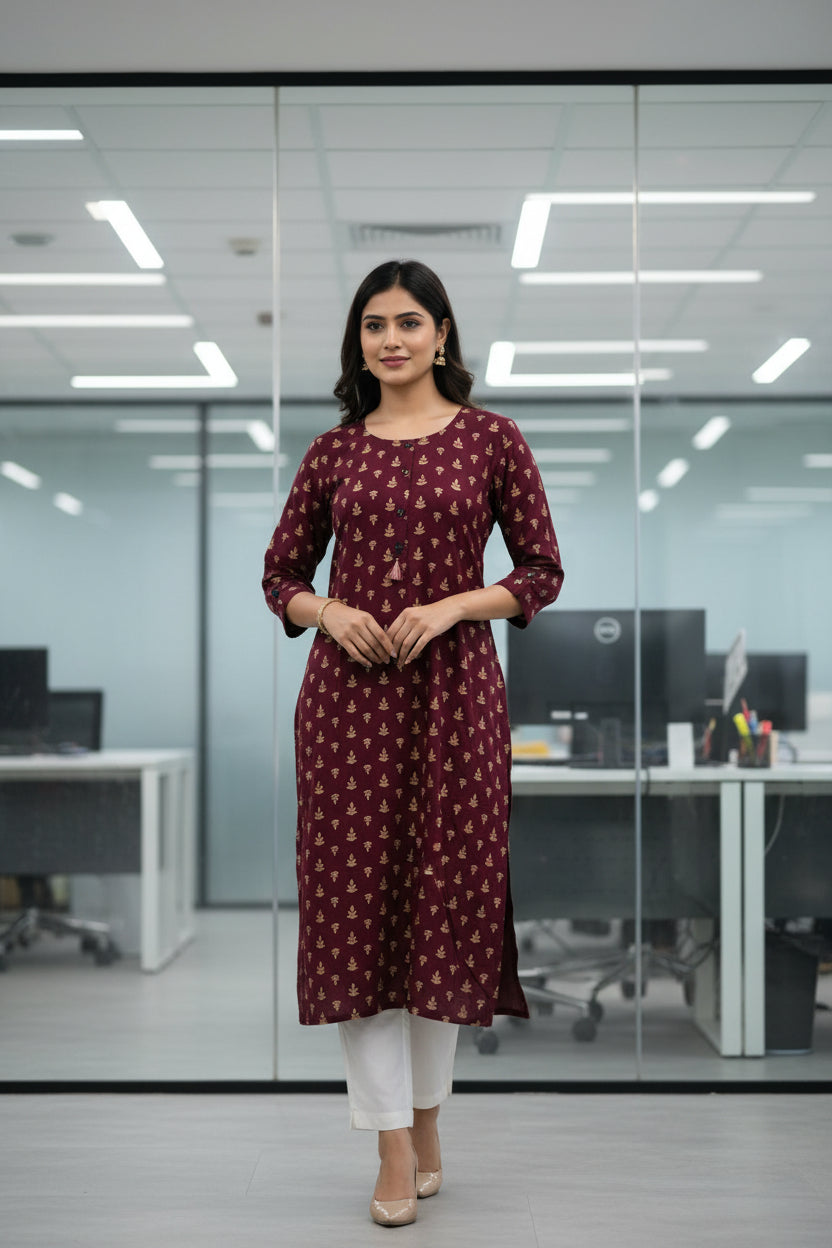 Formal Wear Wine Color Soft Cotton Kurti