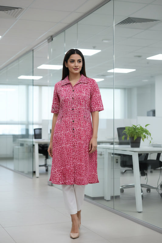 Batik Print Kantha Stitch Pink Collar A line Kurti Perfect for Office Wear