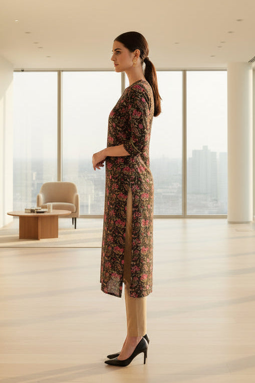 Palak Jaipuri Cotton Brown and Pink Floral Cotton Kurti