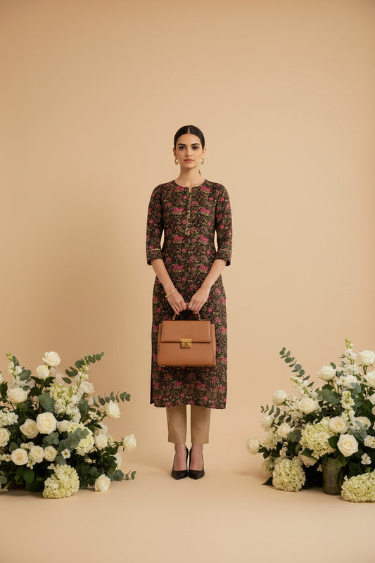 Palak Jaipuri Cotton Brown and Pink Floral Cotton Kurti