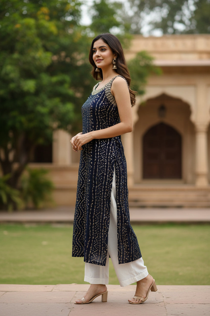 Leheria Blue color Sleeveless Kurti with Thread work and Sequence Work
