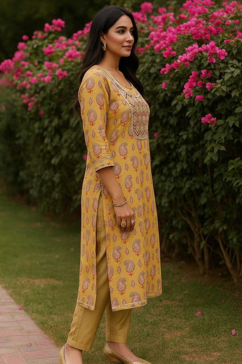 Office Wear Paisley Print Yellow Color Cotton Kurti