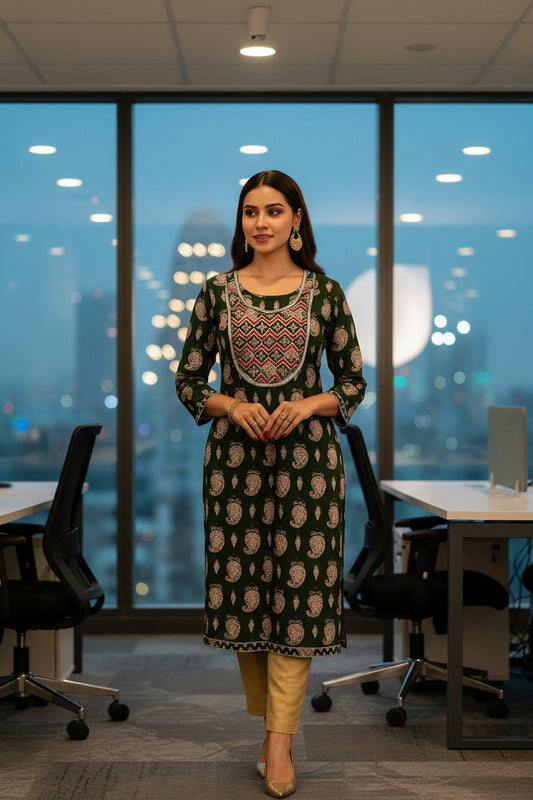 Office Wear Paisley Print Green Color Cotton Kurti