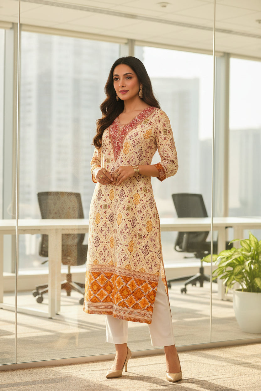 Office Wear Yellow and White Hand Block Soft Cotton Kurti