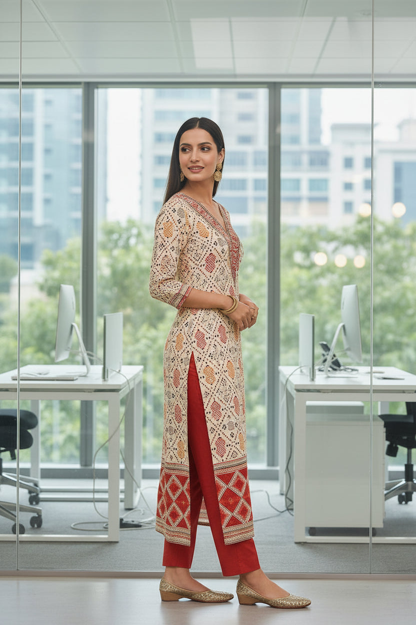 Office Wear Red and White Hand Block Soft Cotton Kurti