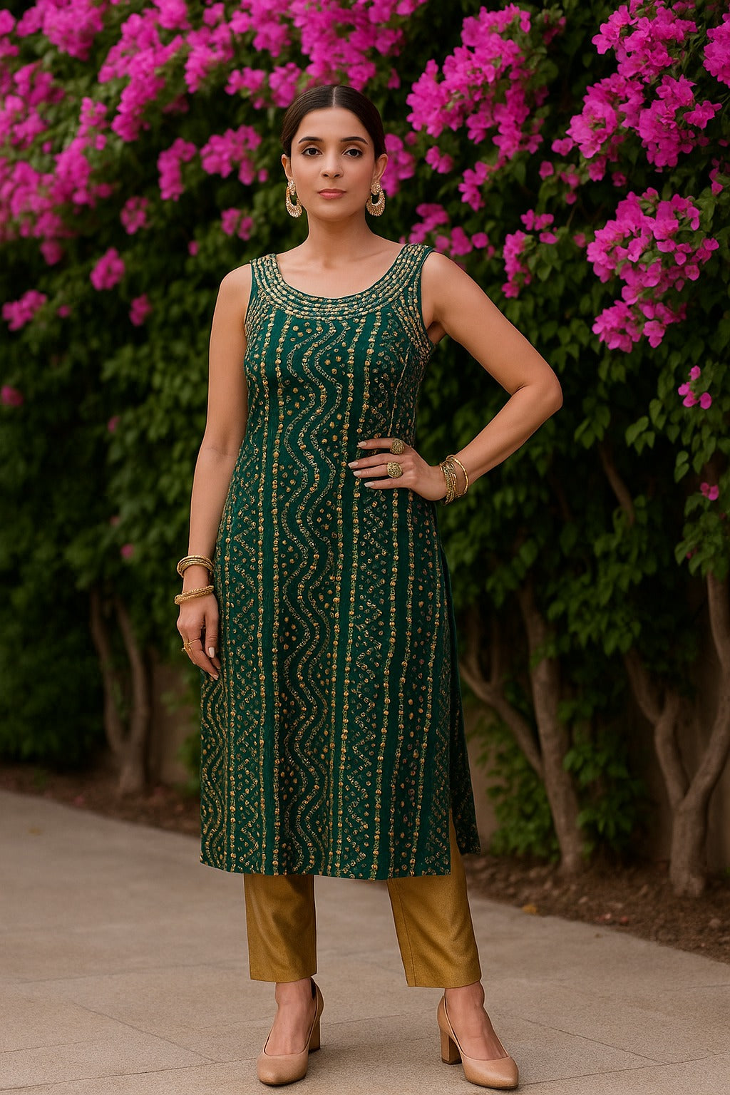 Leheria Green color Sleeveless Kurti with Thread work and Sequence Work