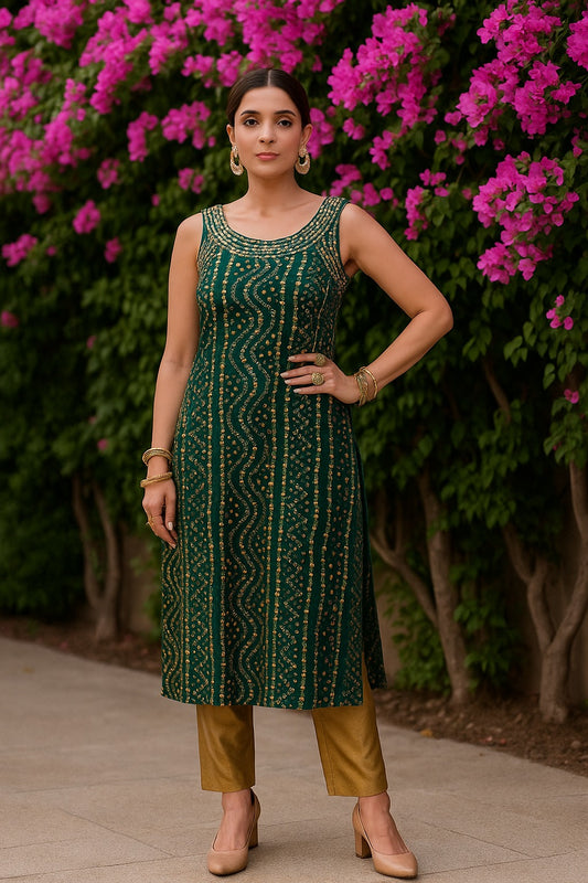 Leheria Green color Sleeveless Kurti with Thread work and Sequence Work