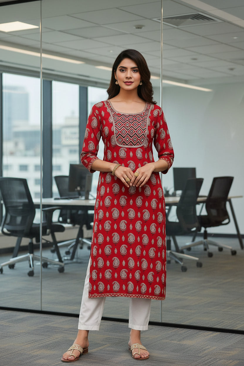 Office Wear Paisley Print Red Color Cotton Kurti
