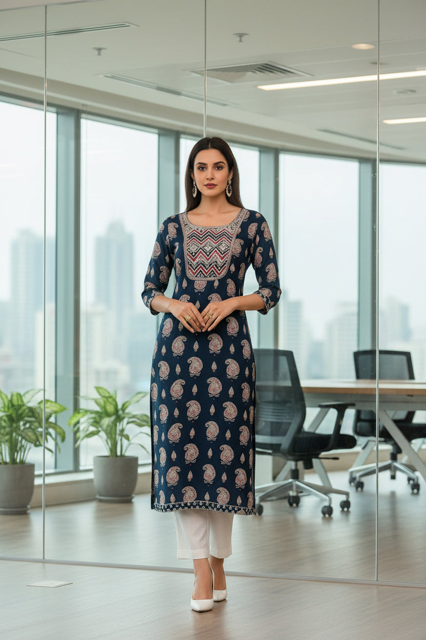 Office Wear Paisley Print Blue Color Cotton Kurti