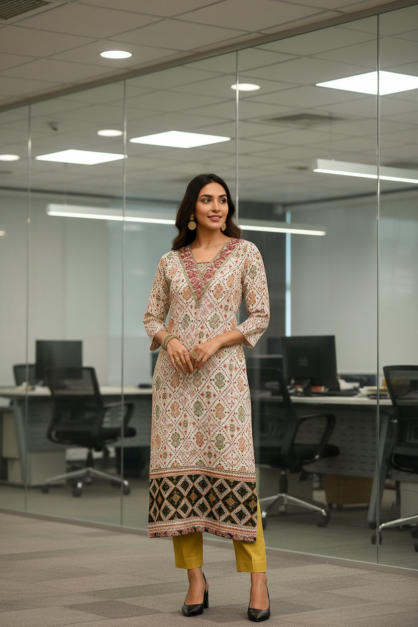 Office Wear Green and White Hand Block Soft Cotton Kurti