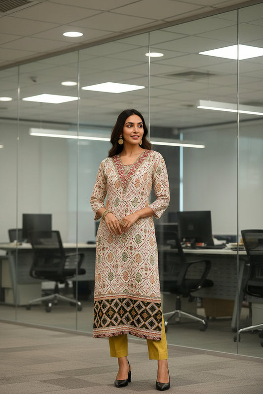 Office Wear Green and White Hand Block Soft Cotton Kurti