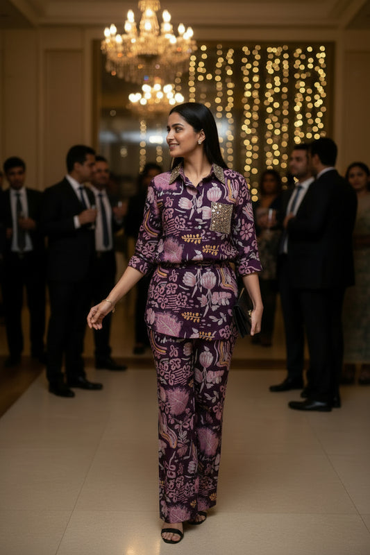 Kuhu Wine Color Floral Cordset