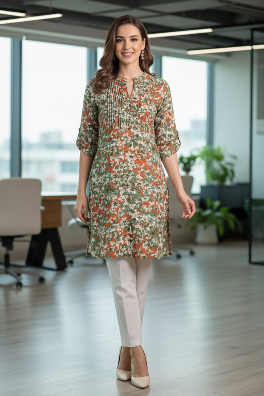 Avni Green and Orange Formal Short Kurti