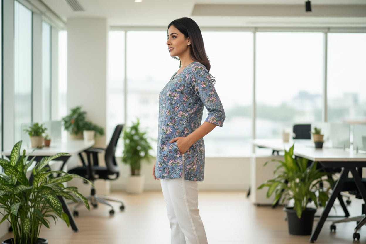 Phool Blue Floral Short Kurti for Formal wear