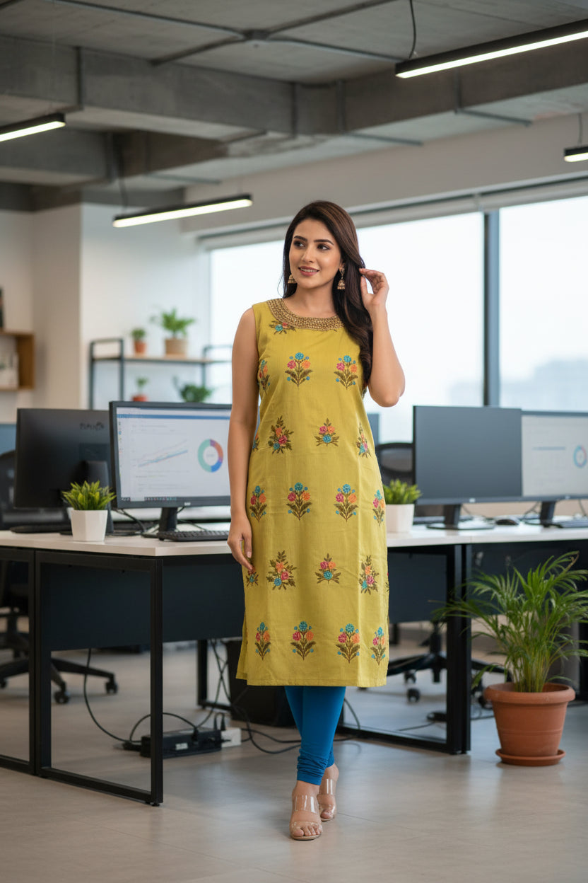 Lemon Yellow Cotton Straight Kurti with threadwork