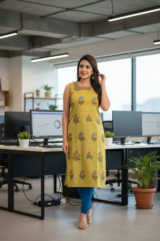 Lemon Yellow Cotton Straight Kurti with threadwork