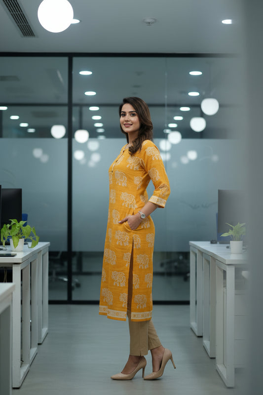 Elephant Design Yellow Straight Cut Kurti