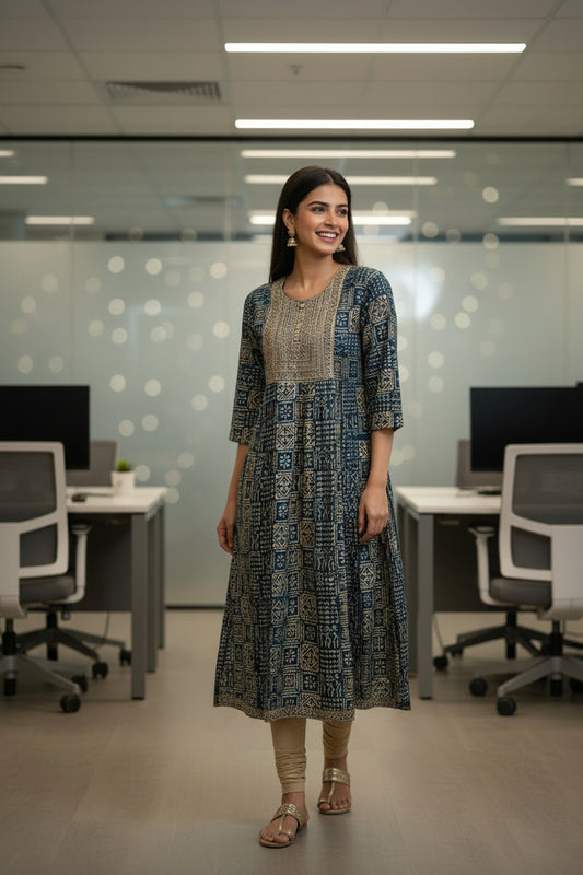 Ethnic Wear Cotton A line Golden Printed Kurti