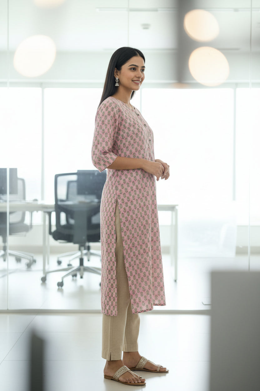 Pink Kantha Stitch Floral Straight Cut Kurti