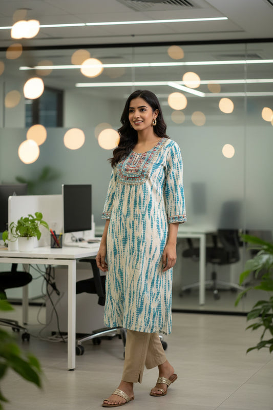 Shibori Blue and White Straight Cut Kurti with Pocket