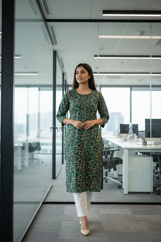 Jaipuri Cotton Print Floral Green Color Straight Kurti