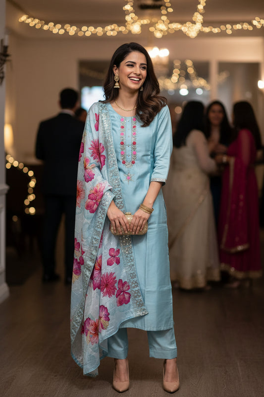 Office Wear Sea Blue Salwar Kameez Dupatta Set